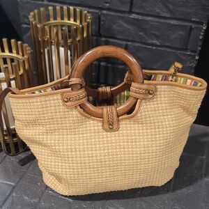 Fossil Tan Woven Tote with Wooden Handle